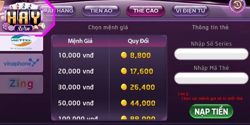 Lưu ý khi nạp tiền Haywin
